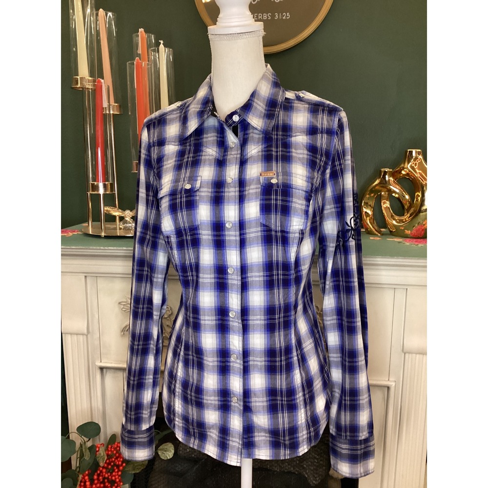 G by Guess Womens Blue Plaid Snap Button Western Shirt Embroidered Size Medium